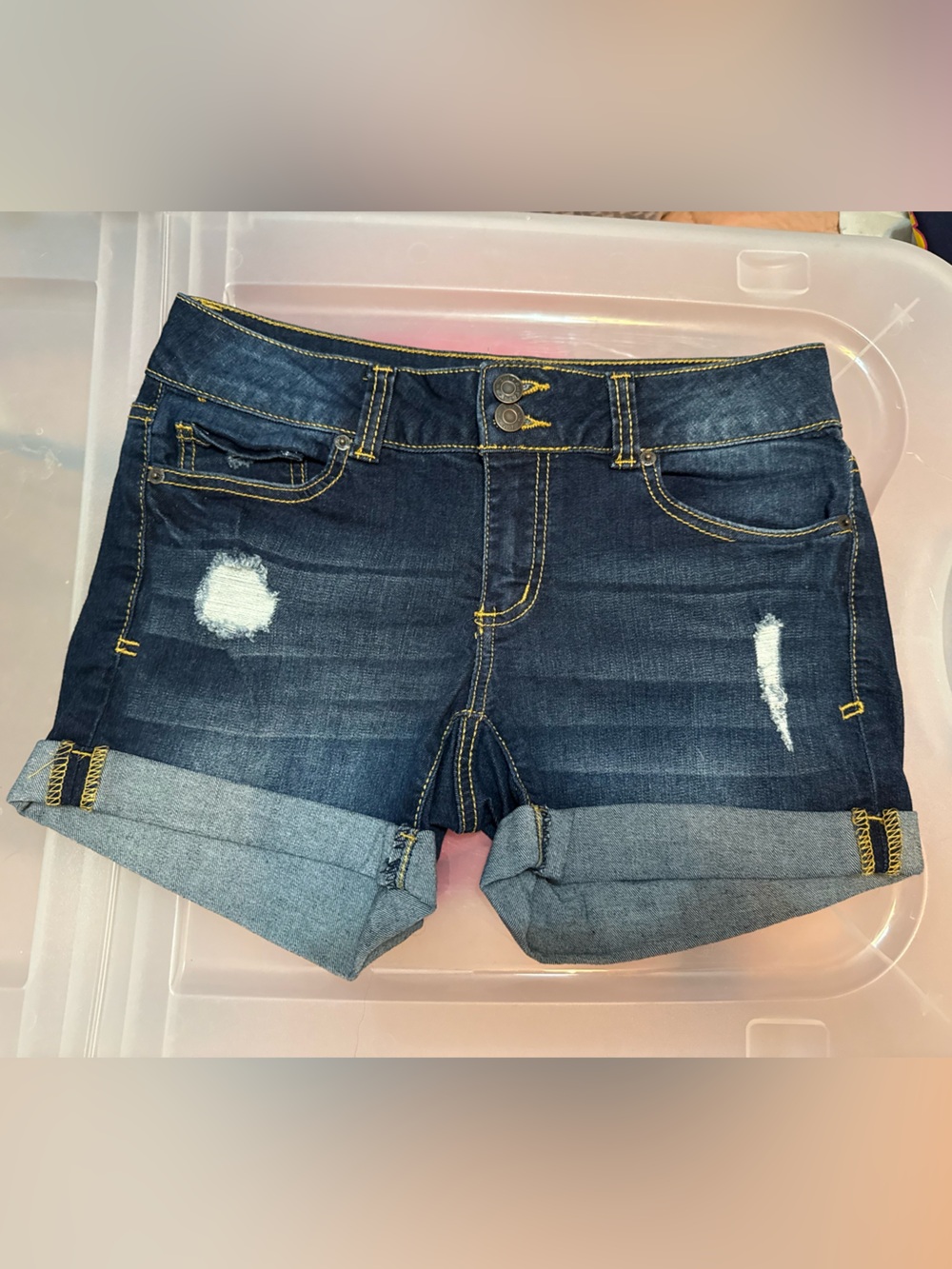 Mudd Dark Blue Denim Stretch Shorts with Gold Stitching